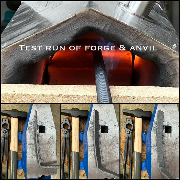 Rebar heating in forge, and sitting on anvil in various stages of flattening