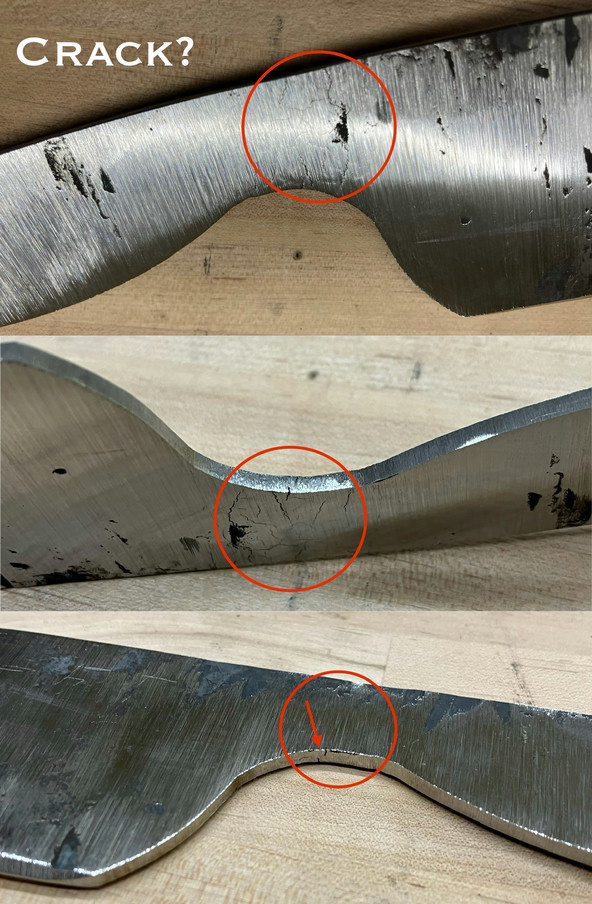 Multiple views of what appear to be cracks in the choil area